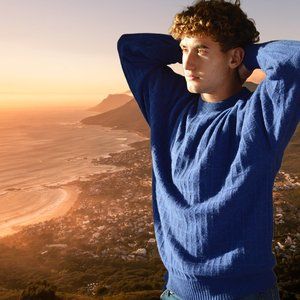 Blue Window Pane Check Cashmere Pullover Sweater